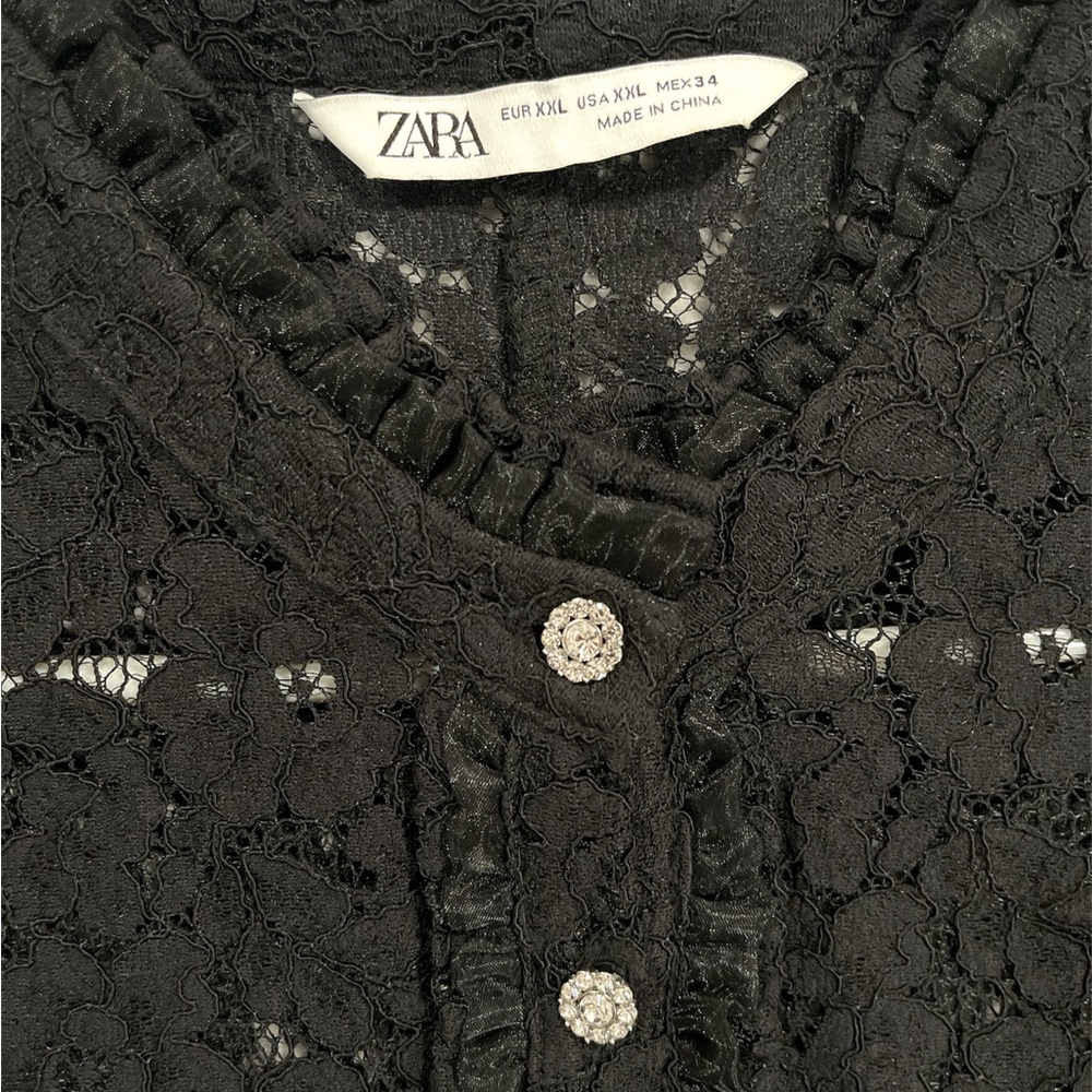 Zara Black Lace Mini Dress With Jewel Buttons Semi Sheer Puff Sleeve - Picture 6 of 9